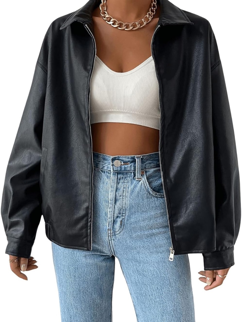 Black Faux Leather Zip-Front Jacket